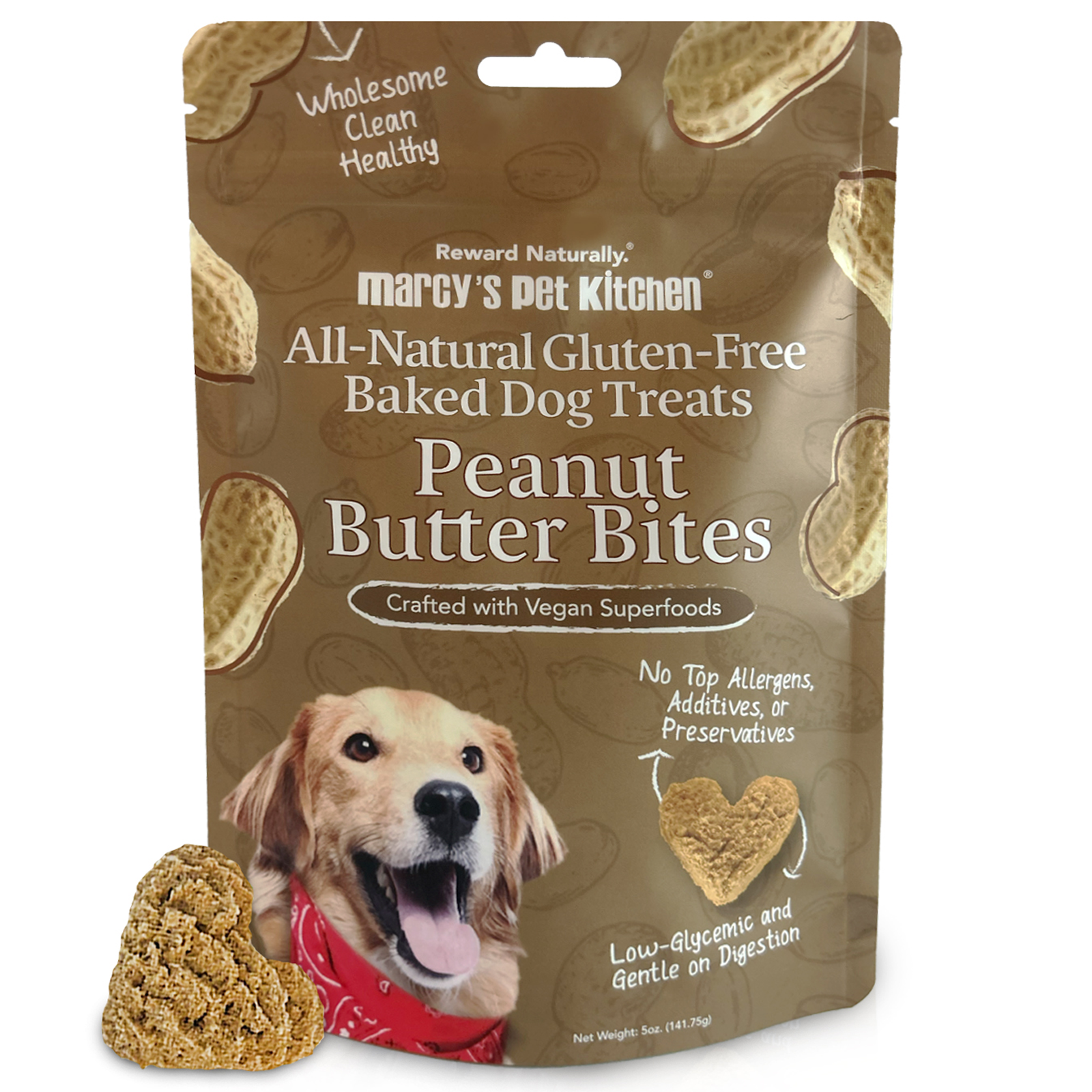 Package of Marcy's Pet Kitchen peanut butter bites dog treats on a white background