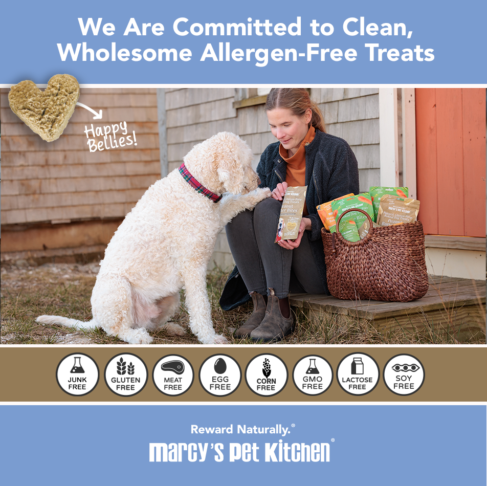 Woman sitting on a bench with a dog, holding a bag of treats, with text about allergen-free treats and Marcy's Pet Kitchen branding.