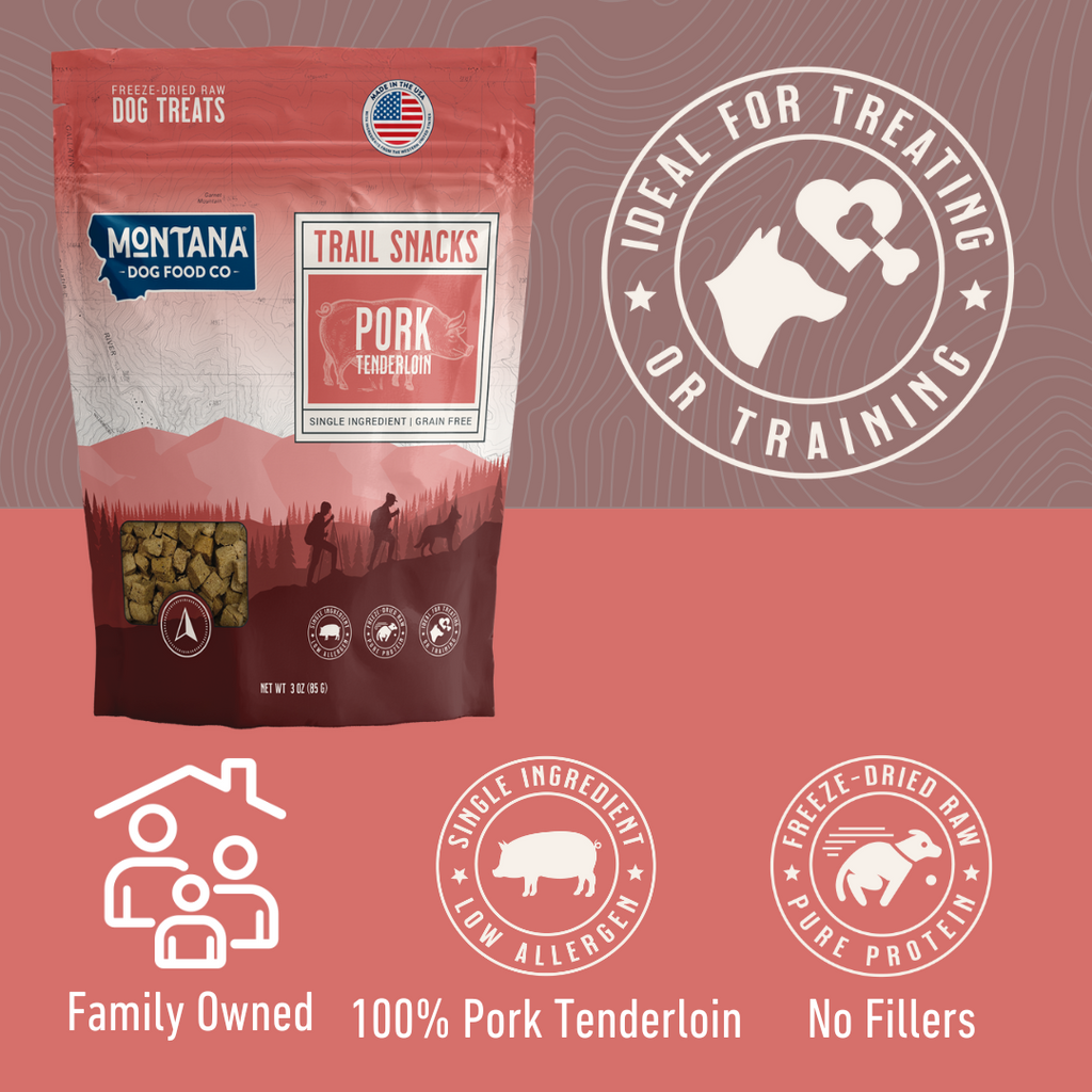 Montana Dog Food Co. dog treat package with branding and product details on a red background