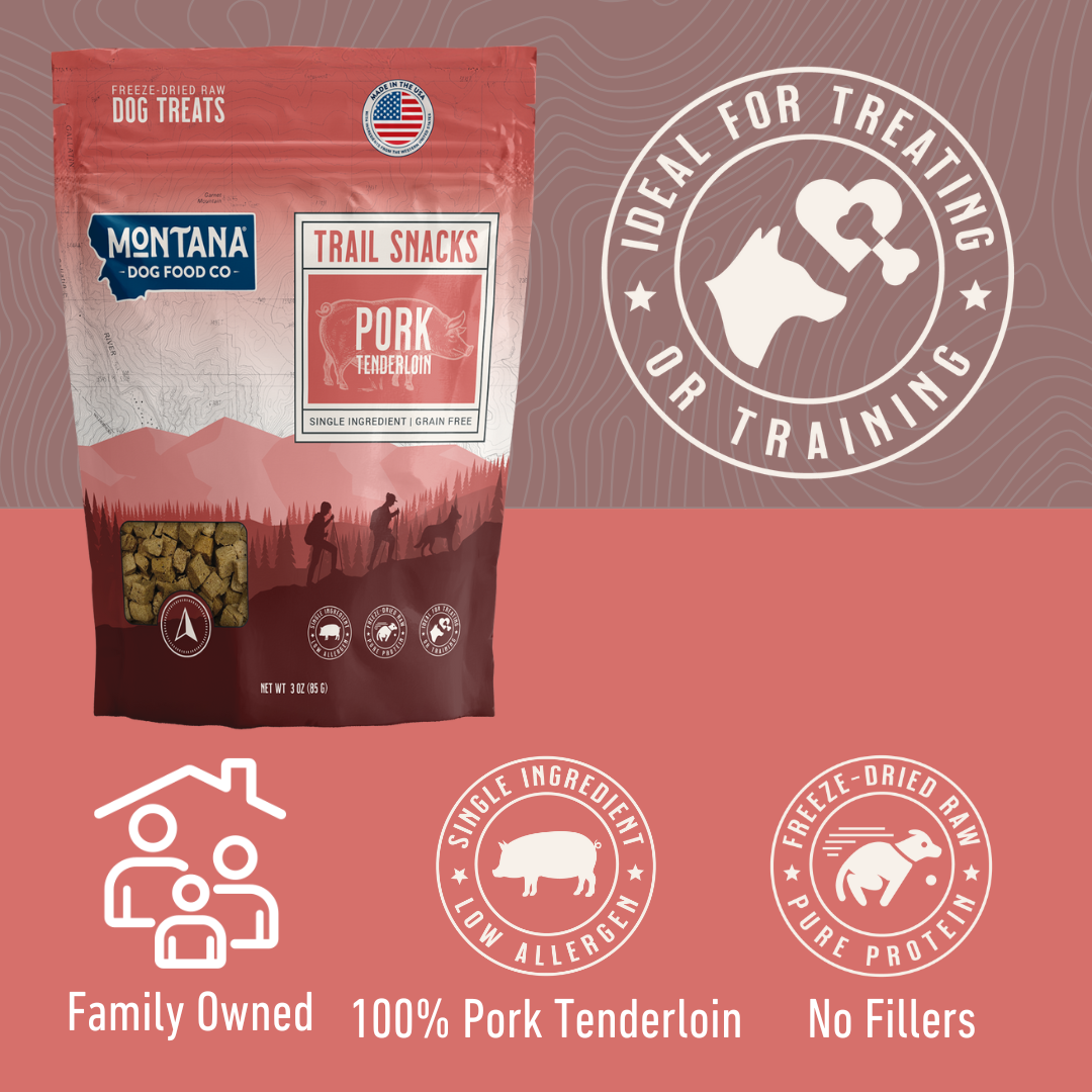 Montana Dog Food Co. dog treat package with branding and product details on a red background