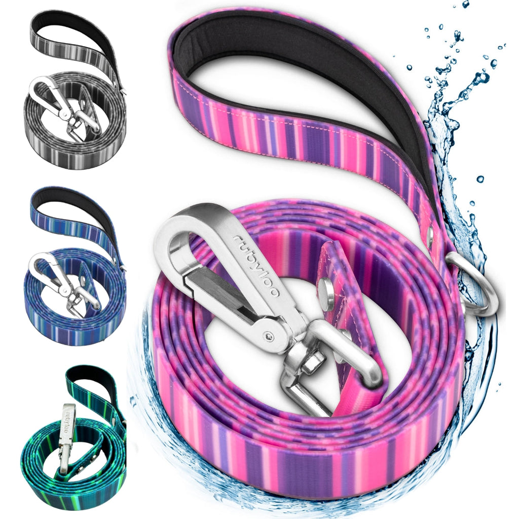 Dog leashes with colorful patterns and metal clips on a white background