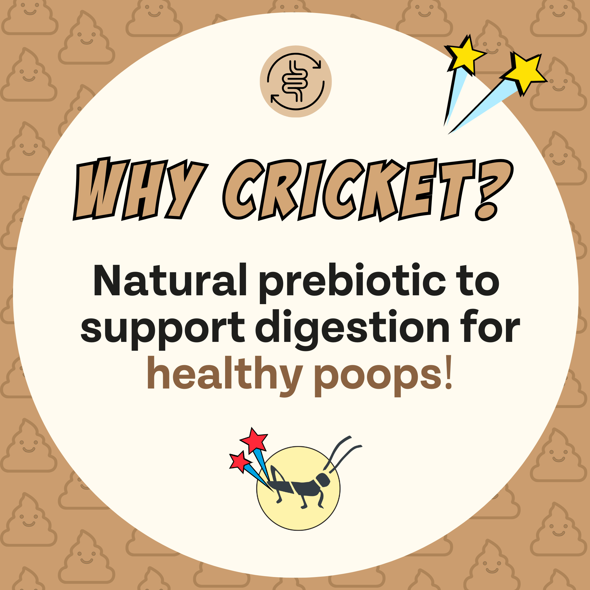 Advertisement for cricket as a natural prebiotic to support digestion on a brown background with poop emoji pattern.