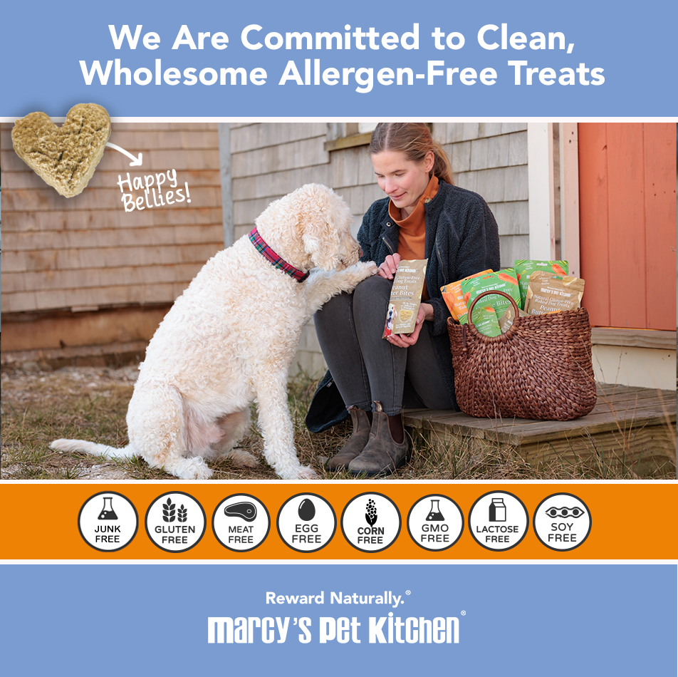 Woman sitting on a bench with a dog, both holding treats, with a promotional banner about allergen-free treats from Marcy's Pet Kitchen.
