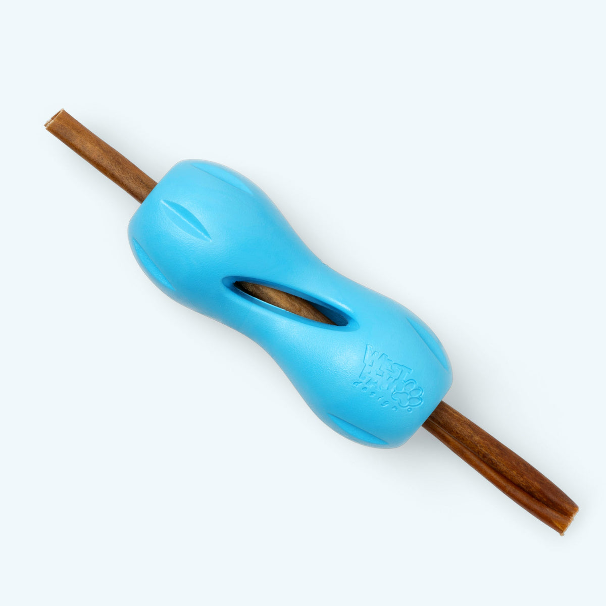 Blue dog chew toy with a wooden stick on a white background
