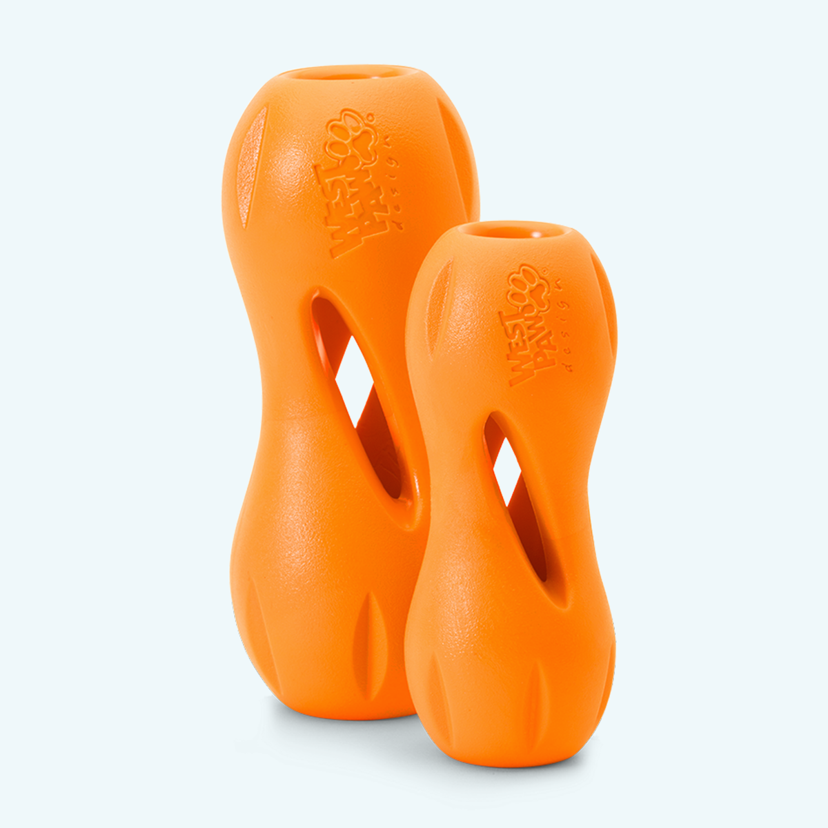 Two orange dog toys with a visible brand logo on a light gray background