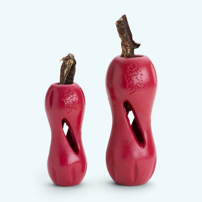 Two red dog chew toys with natural wooden ends on a white background