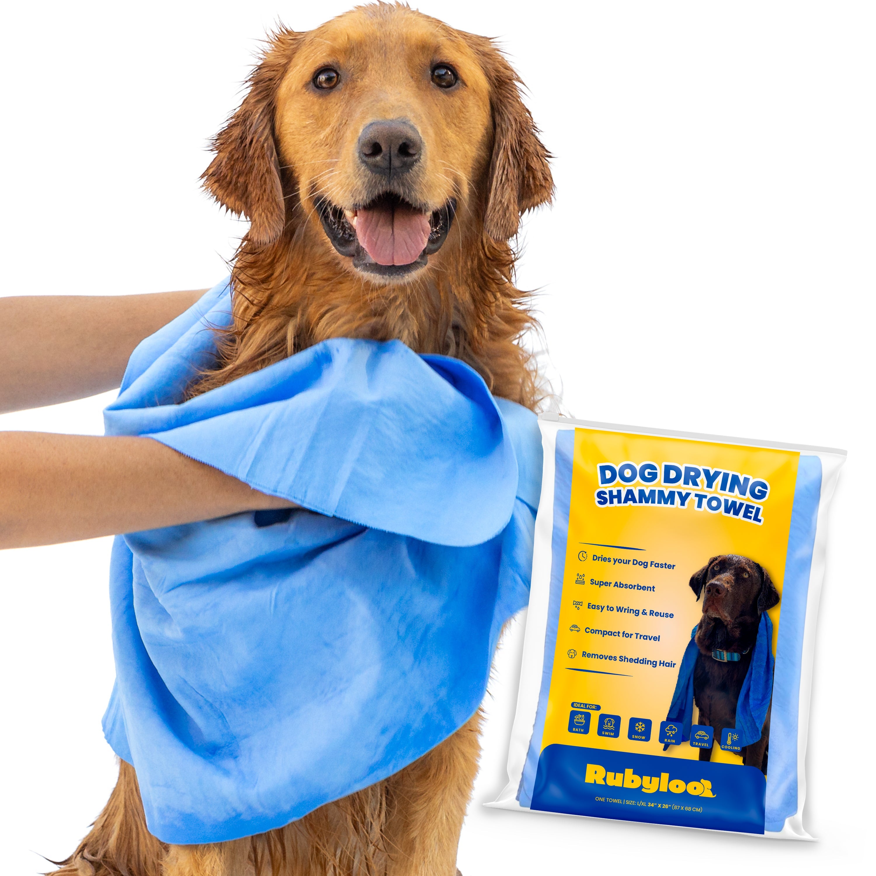 Dog being dried with a blue drying shammy towel and the product packaging in the background.