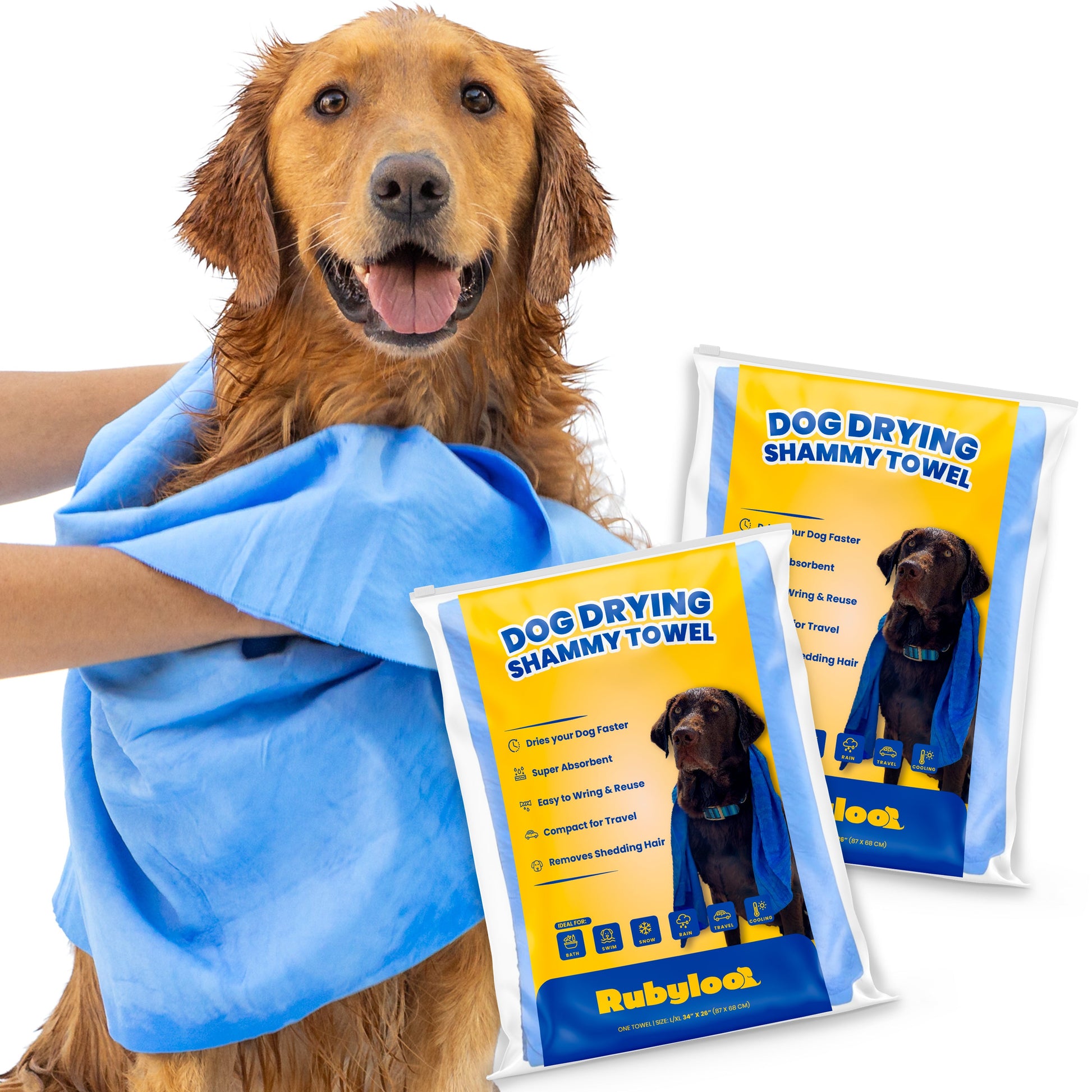 Dog wrapped in a blue shammy towel with RubyLove packaging in the foreground