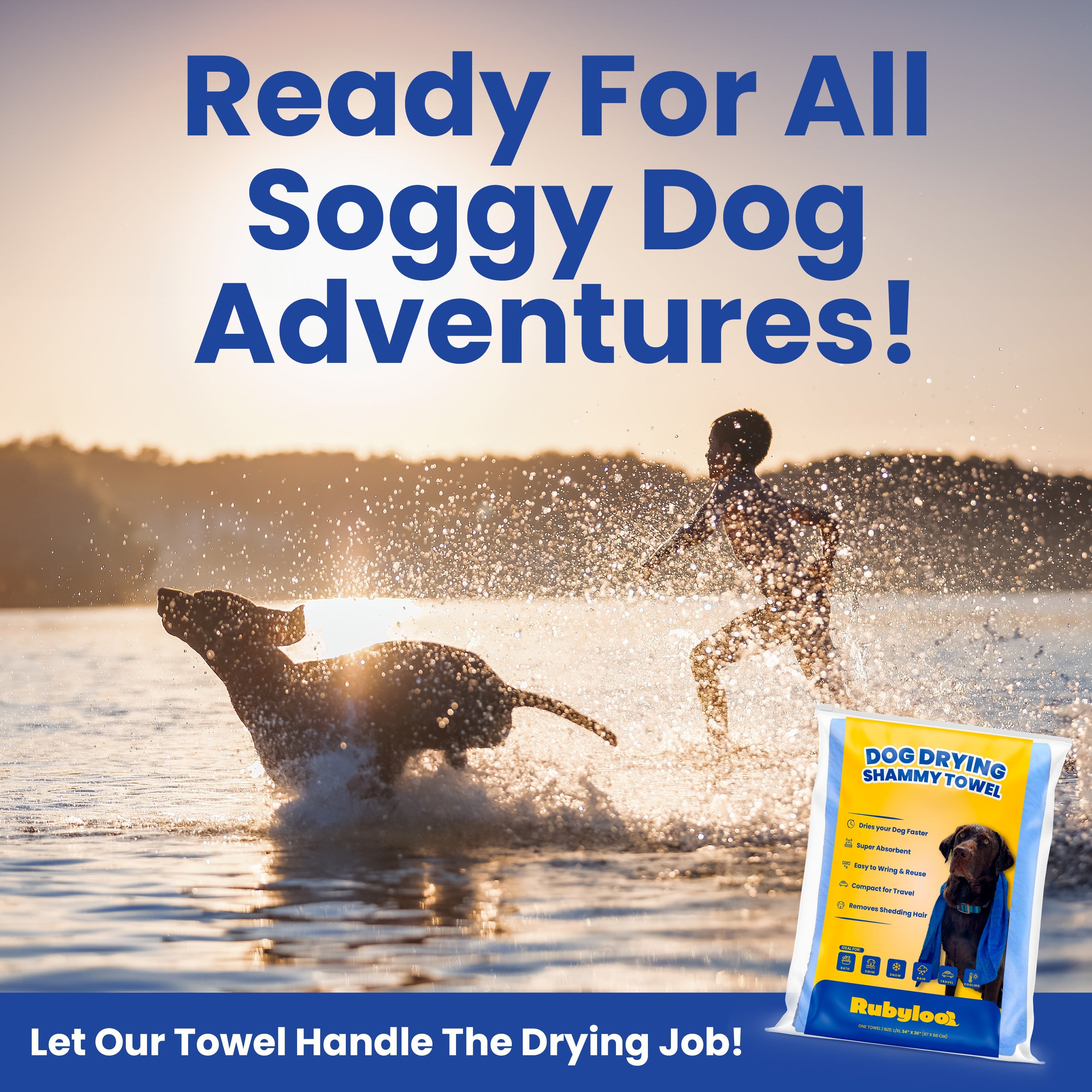 Dog playing in water with a person, featuring a Rumble4 towel packaging.