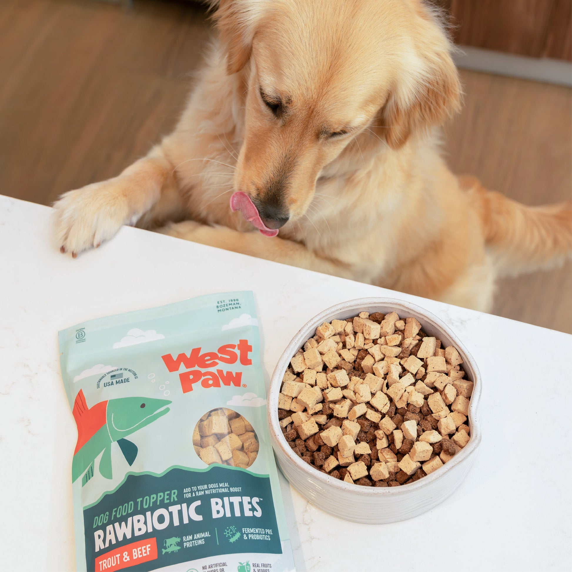Dog with a bowl of food and West Paw Rawbiotic Bites packaging on a table.
