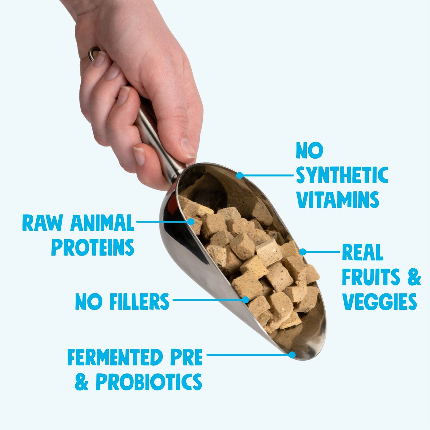 Hand holding a scoop of pet food with health benefits text on a white background