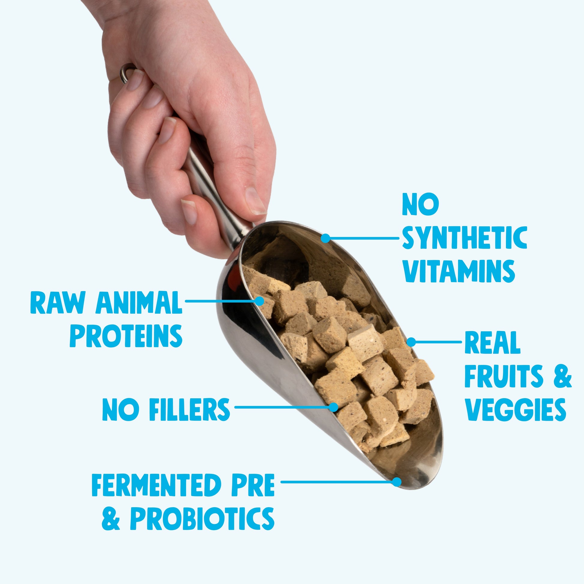 Hand holding a scoop of pet food with health benefits text on a white background