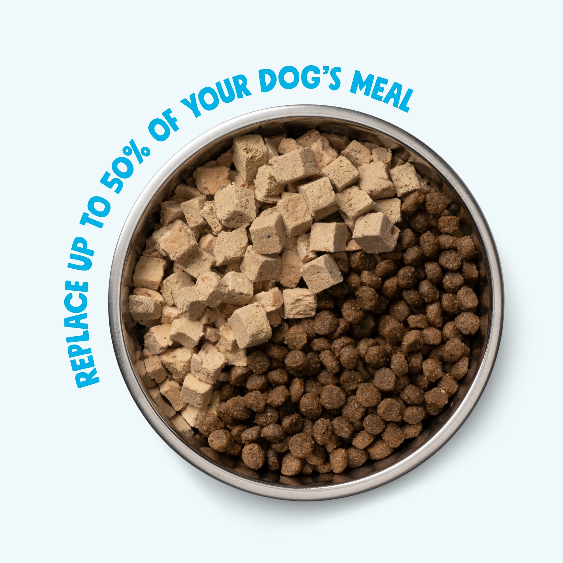Dog food bowl with brown kibble and text about replacing up to 50% of a dog's meal.