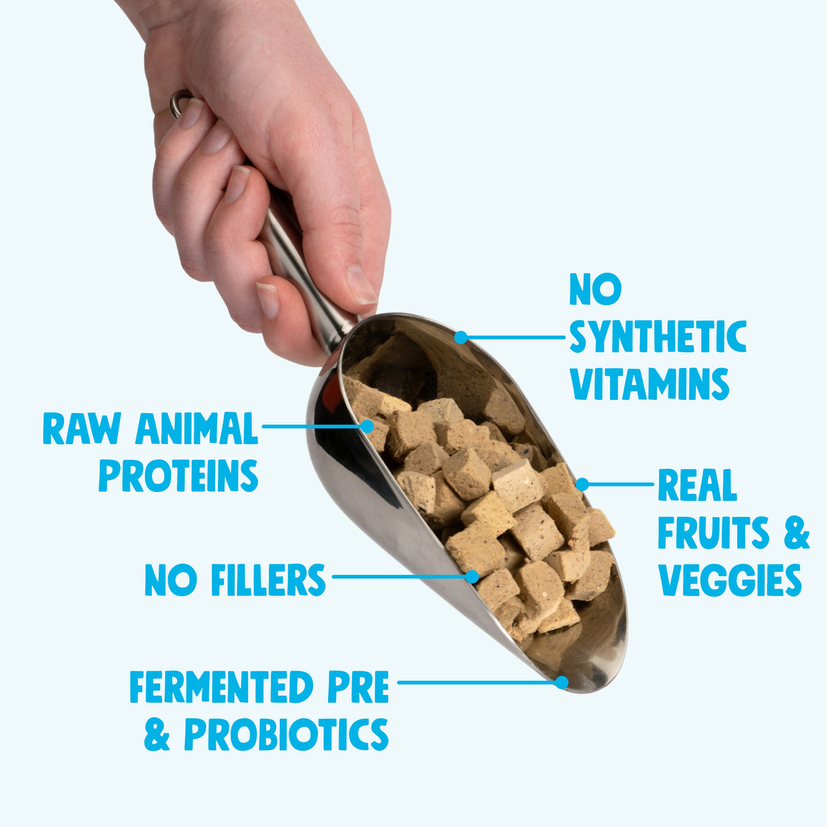 Hand holding a scoop of pet food with health benefits text on a white background