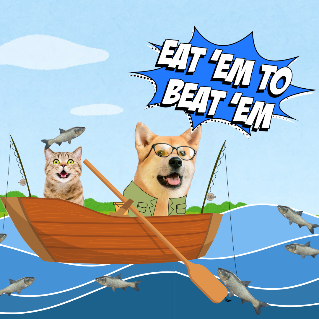 Cartoon cat and dog in a boat with fishing rods and sharks, and text 'Eat 'em to beat 'em' on a blue background.