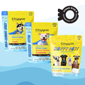 Three packages of Chippin dog treats on a blue background with an 'Ocean Wise' label.