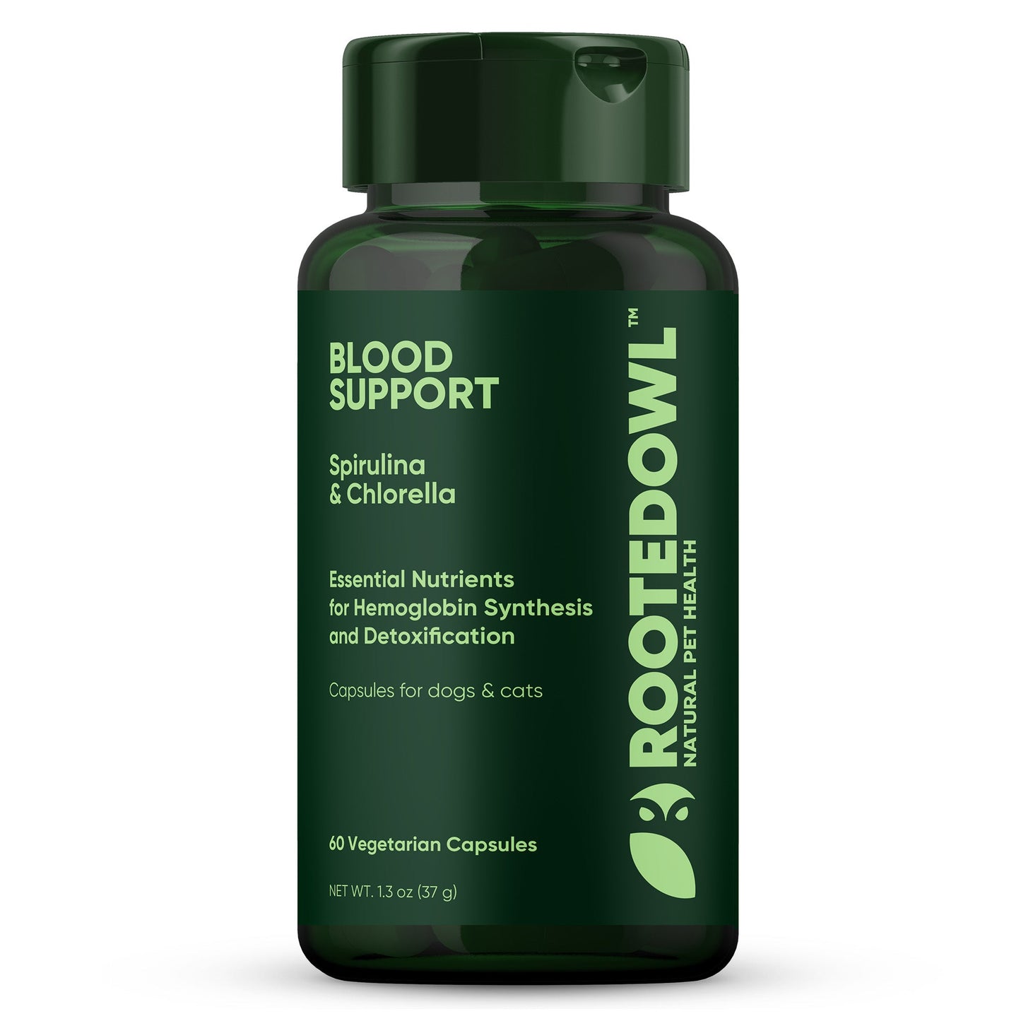 Green supplement bottle labeled 'Blood Support' with 'Rooted Owl' branding on a white background