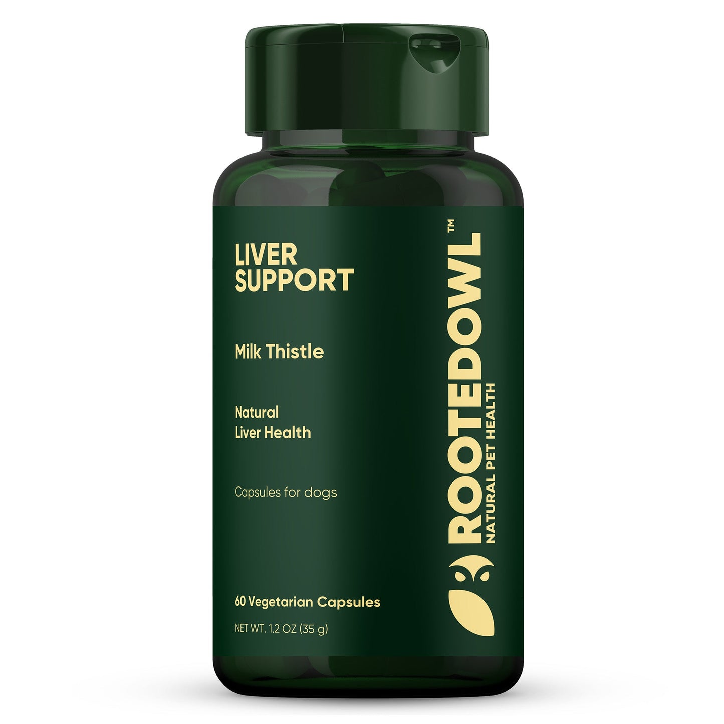 Bottle of Rootedowl Liver Support capsules for dogs on a white background