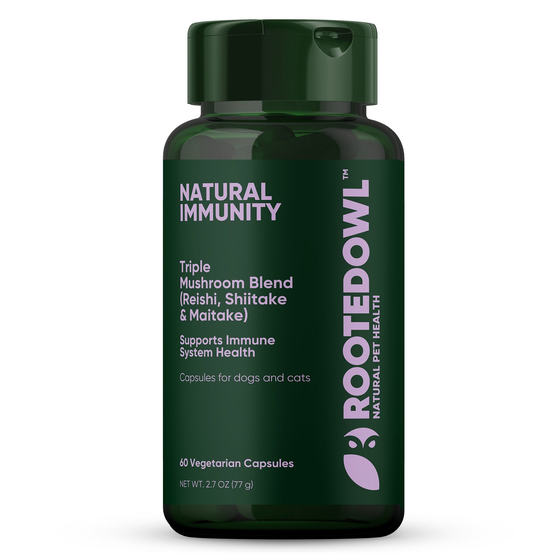 Dark green supplement bottle labeled 'Natural Immunity' with 'Rooted Owl' branding on a white background.