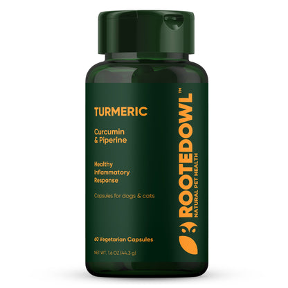 Green supplement bottle labeled 'Turmeric' with 'Rootedowl' branding on a white background