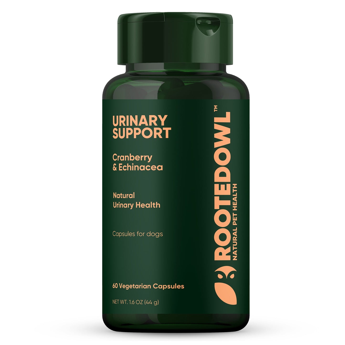 Green bottle of Rooted Owl Urinary Support for dogs on a white background