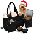 Black pet travel bag with a dog wearing a Santa hat, food bowls, and treats on a white background.