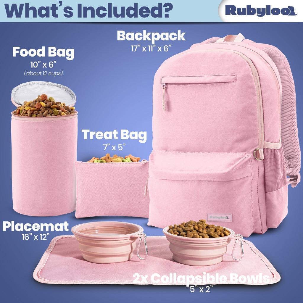 Pink pet travel set with backpack, food bag, treat bag, placemat, and bowls on a blue background.