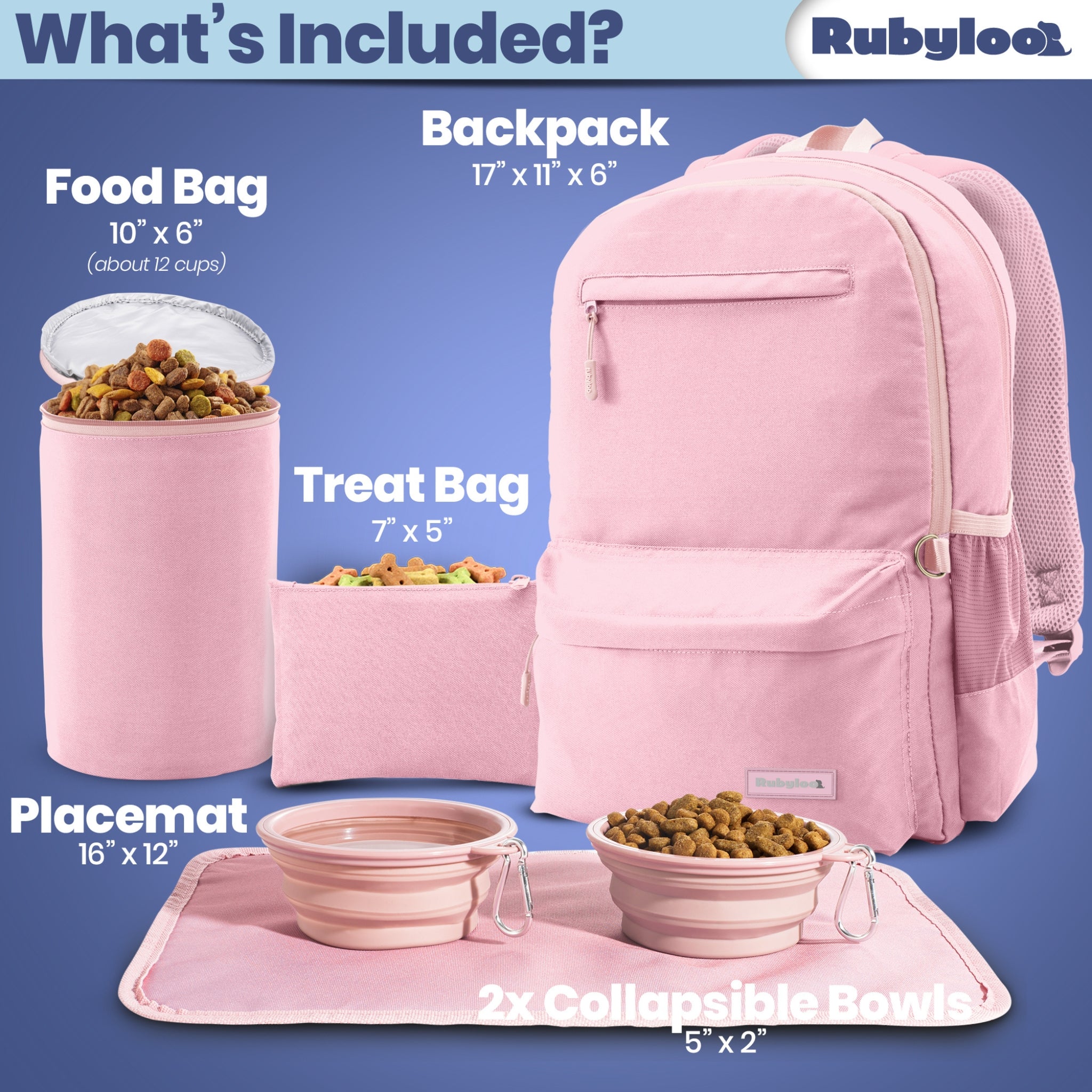 Pink pet travel set with backpack, food bag, treat bag, placemat, and bowls on a blue background.