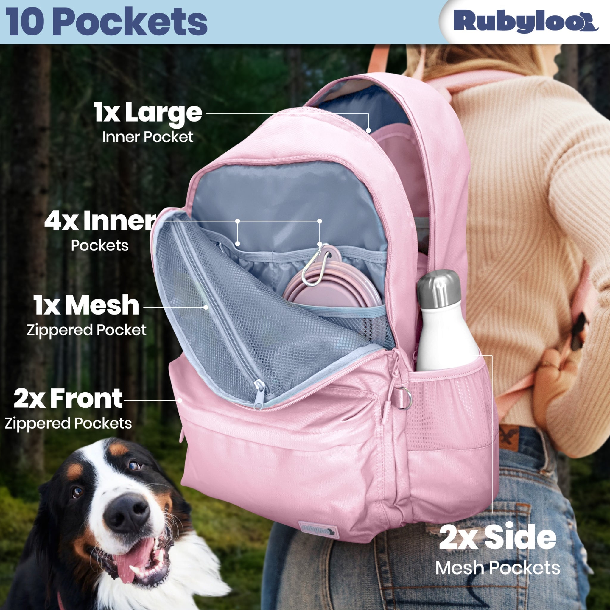 Pink backpack with multiple pockets labeled, person wearing it, and a dog in the foreground.