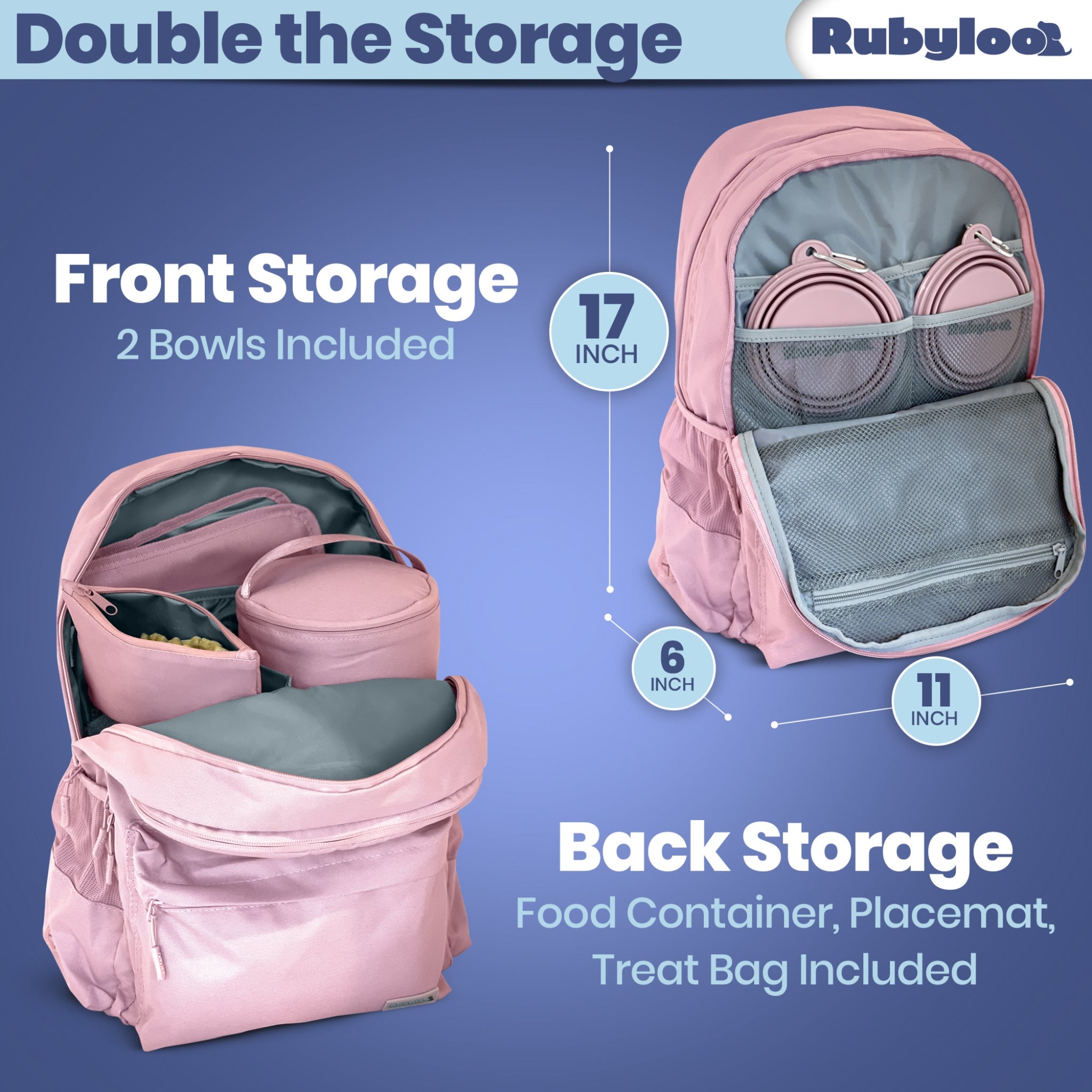 Pink backpack with storage compartments and Rubyloo branding on a blue background