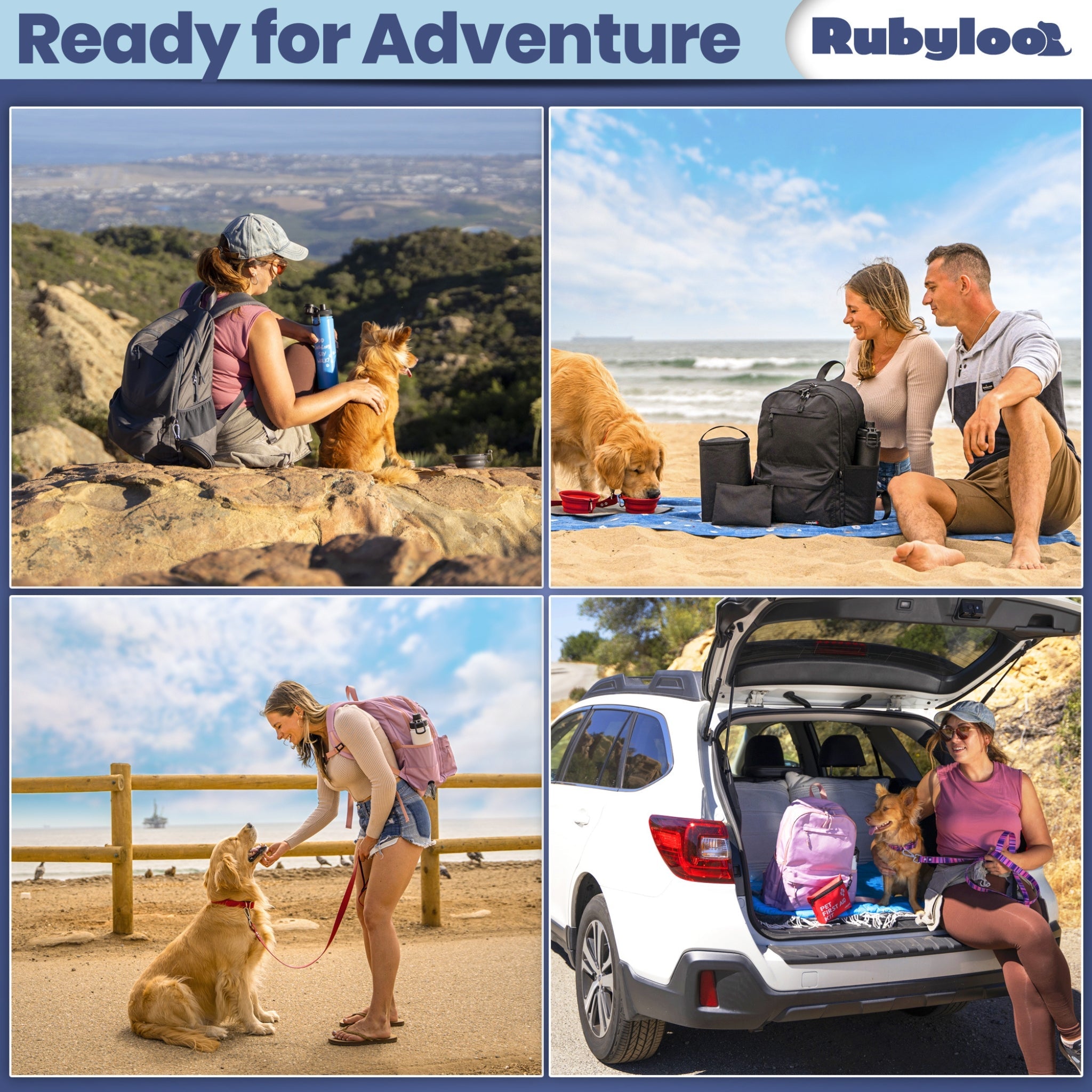 Collage of people with dogs engaging in outdoor activities, featuring Rubyloo brand.