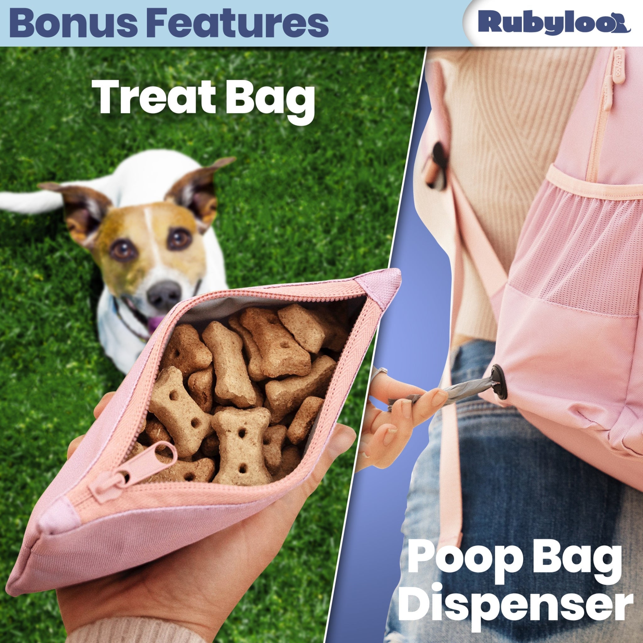Pink treat bag with dog treats and poop bag dispenser held by a person outdoors.