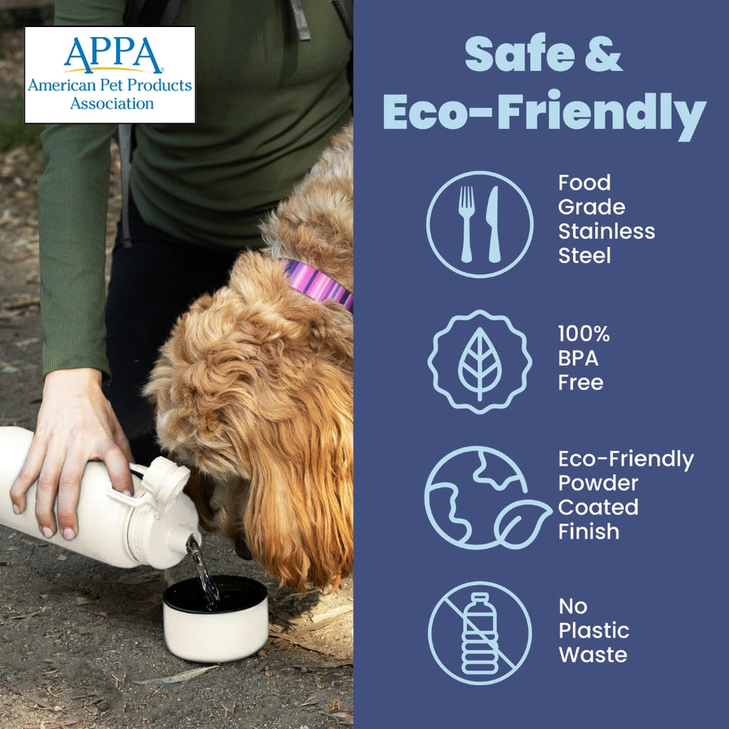 Person pouring water from a pet bottle into a bowl with a dog drinking, alongside APPA logo and eco-friendly product features.