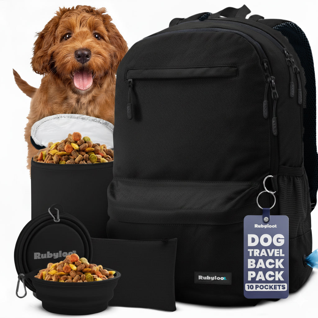 Black dog travel backpack with a dog and pet food bowls on a white background