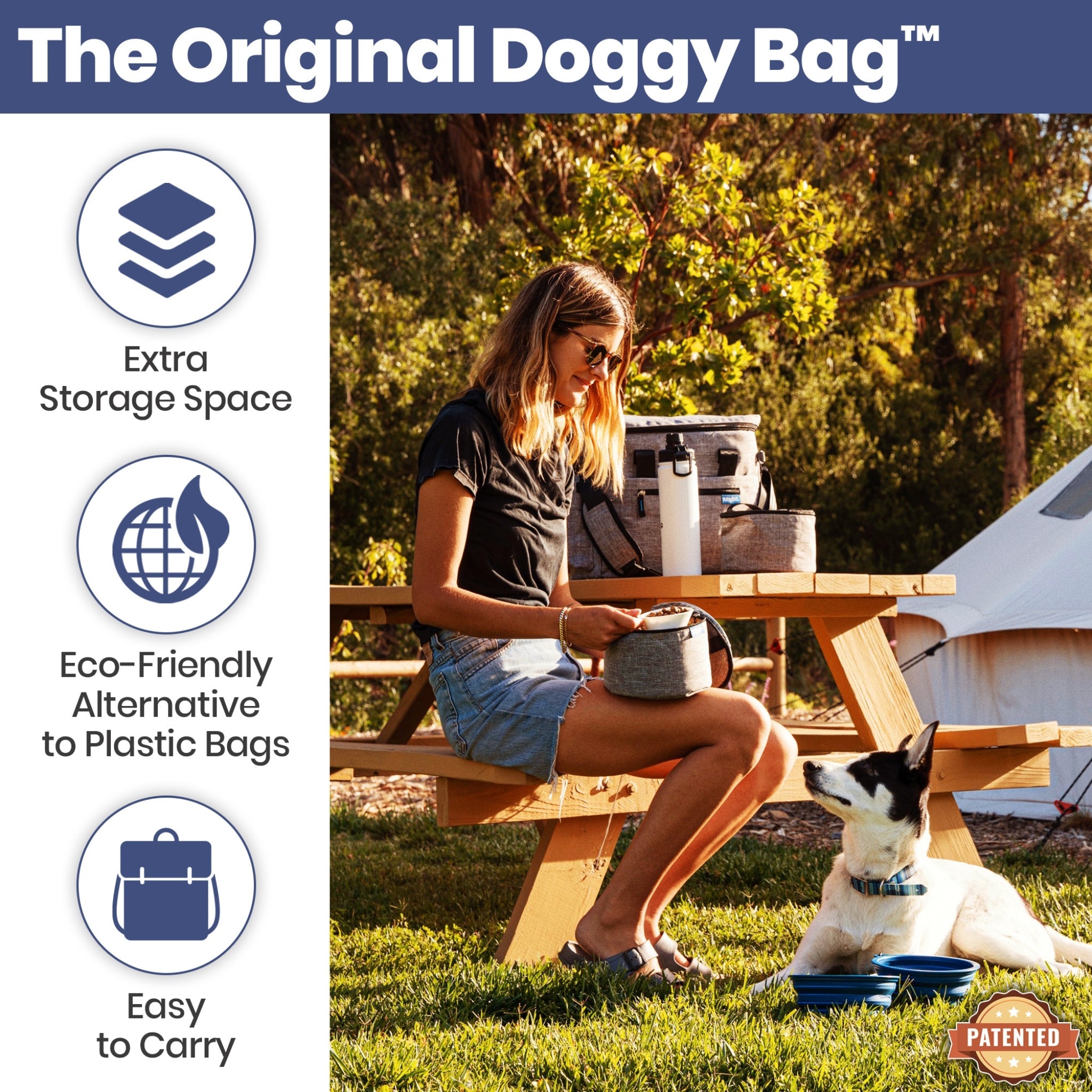 Woman sitting at a picnic table with a dog, using 'The Original Doggy Bag' product.