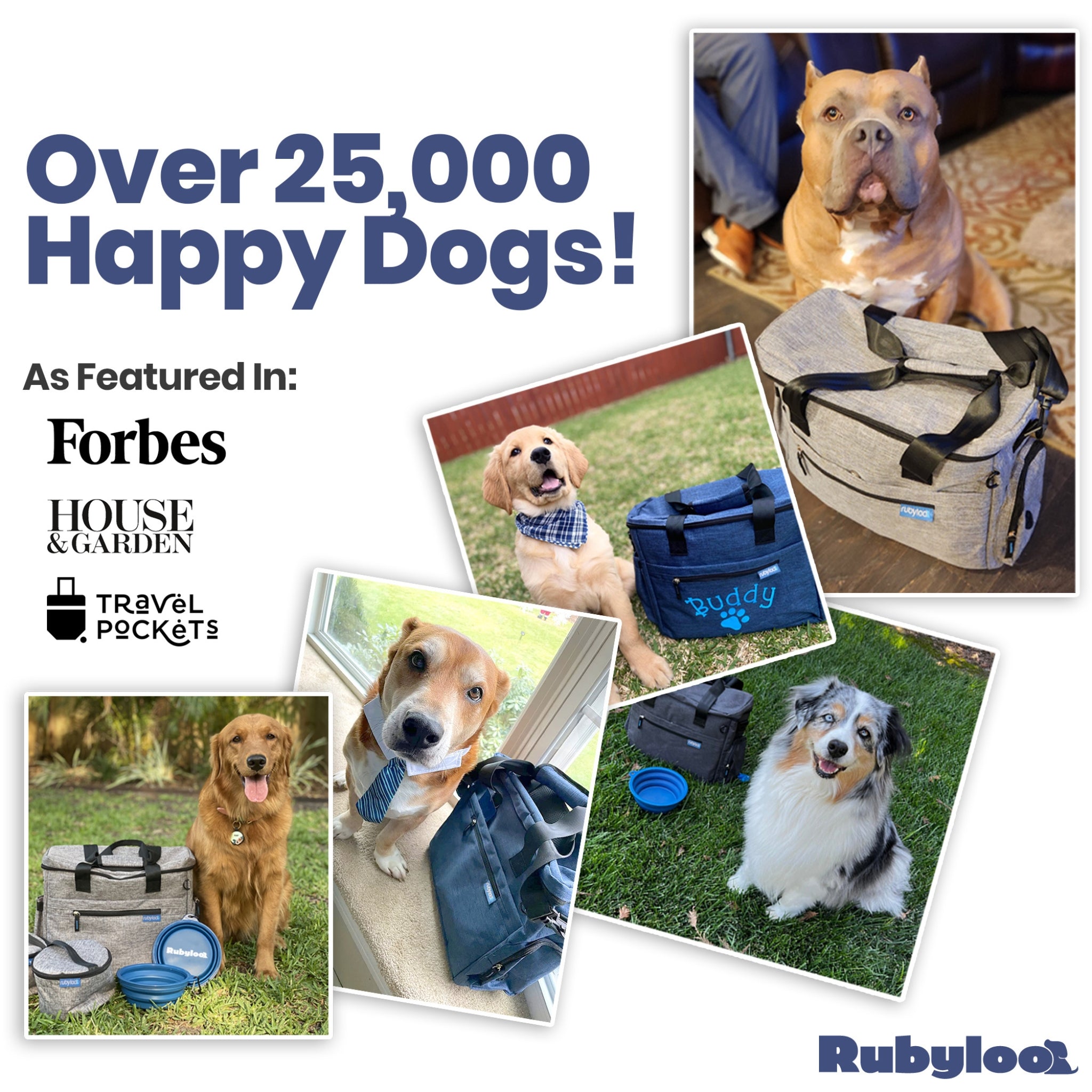 Promotional graphic for Rubyloo dog products with images of dogs and packaging, featuring Forbes, House & Garden, and Travel Pockets.