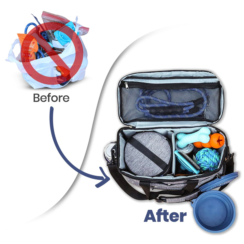 Comparison of a cluttered bag labeled 'Before' and a organized bag labeled 'After' with pet accessories.