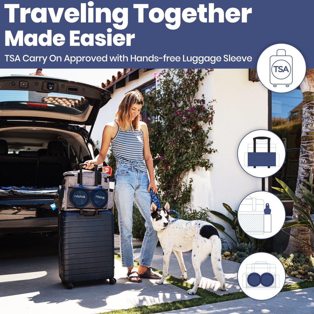 Woman with a suitcase and dog near an open car trunk, with text 'Traveling Together Made Easier' and icons of a suitcase and luggage sleeve.