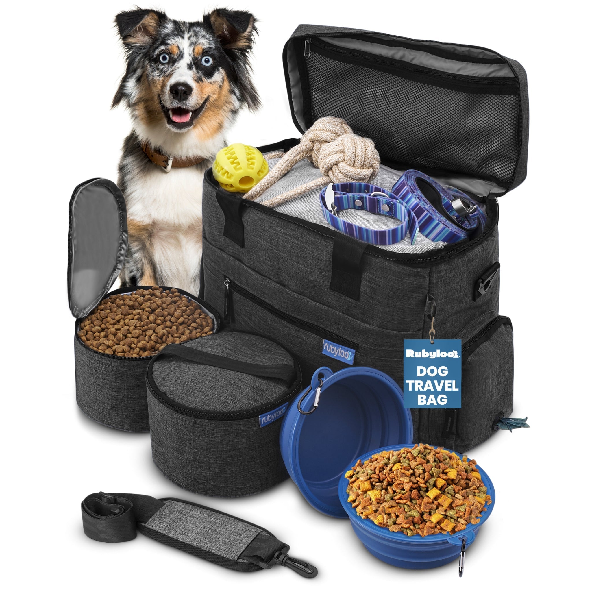 Dog travel bag with pet supplies including a dog, food, toys, and a leash on a white background.