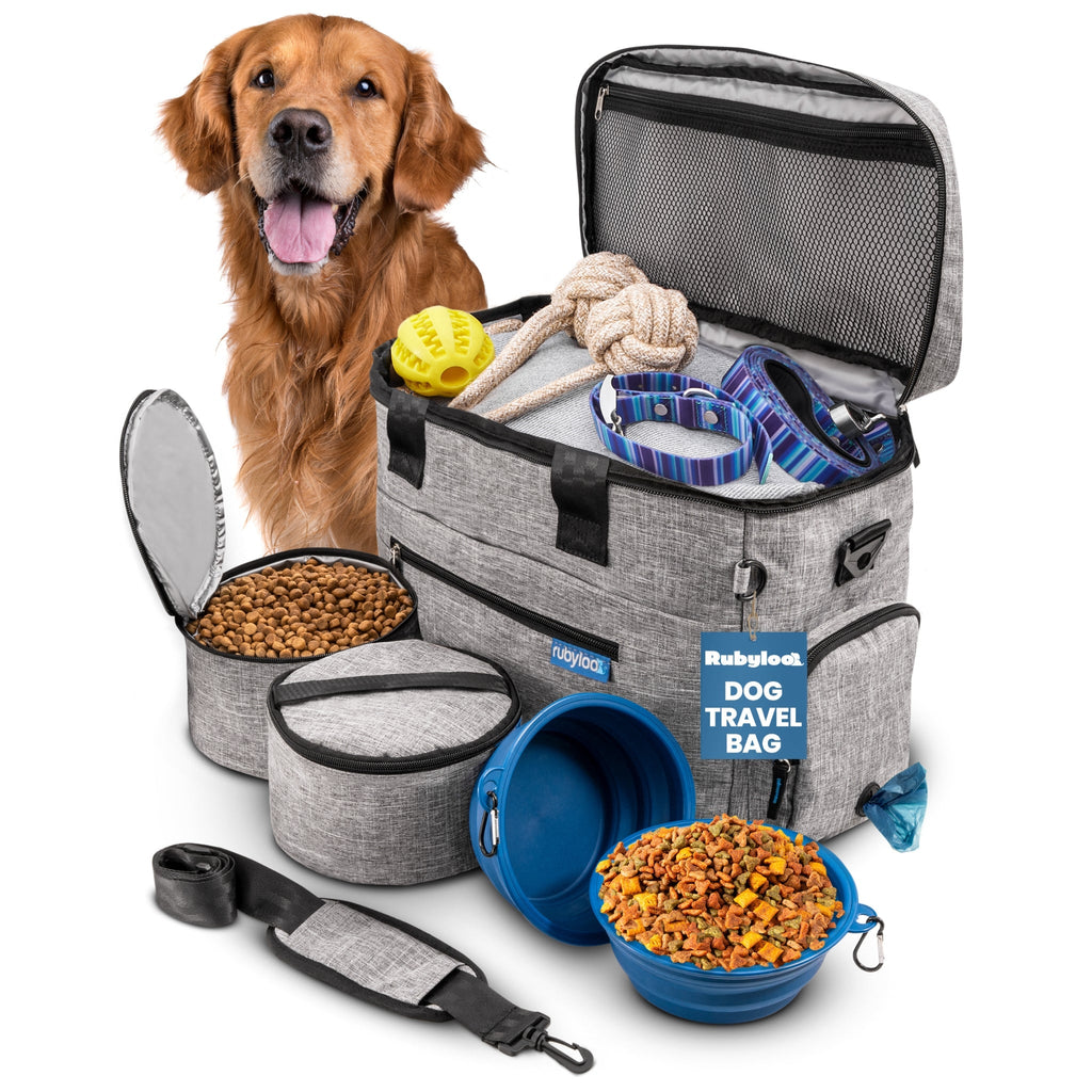 Dog travel bag with pet supplies including a dog, food, water bowl, and leash on a white background.