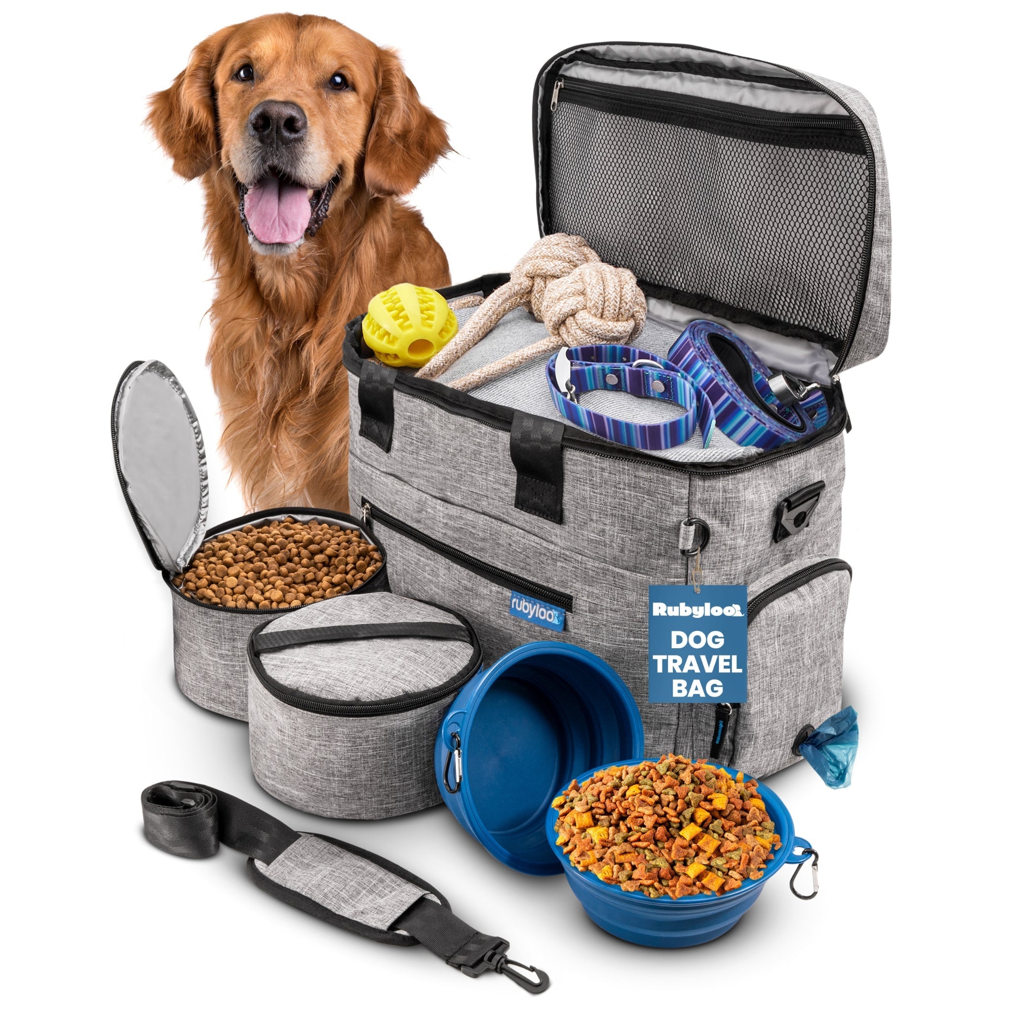 Dog travel bag with pet supplies including a dog, food, water bowl, and leash on a white background.