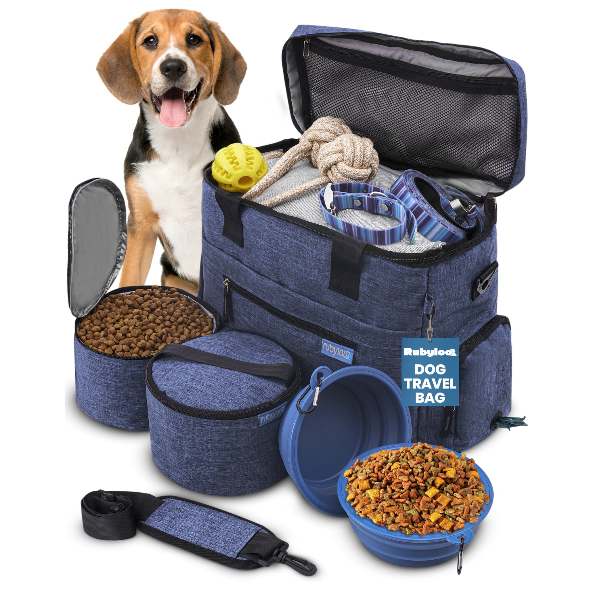Dog travel bag with pet supplies including a dog, food, toys, and a leash on a white background.