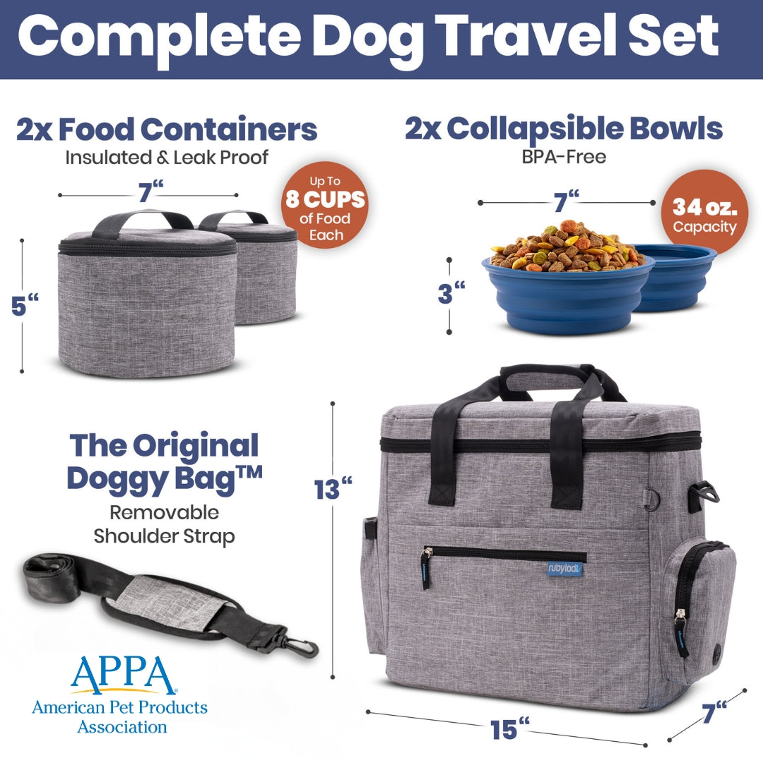 Complete dog travel set with food containers, collapsible bowls, and carrying bag on a white background.