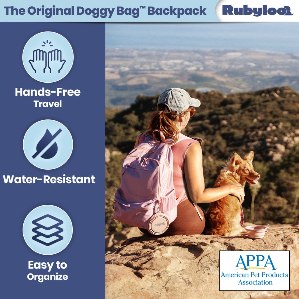 Woman with a dog on a mountain top using a Rubyloo doggy bag backpack, with product features listed.
