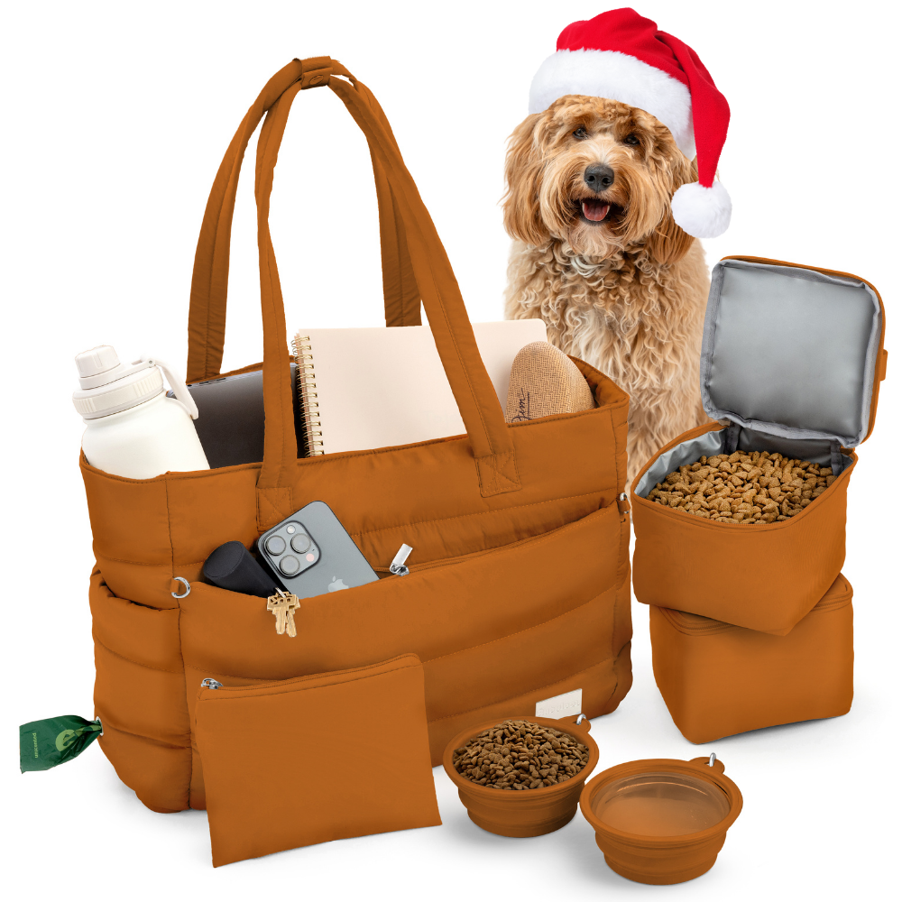 Brown tote bag with pet accessories, including a Santa hat-wearing dog, on a white background.
