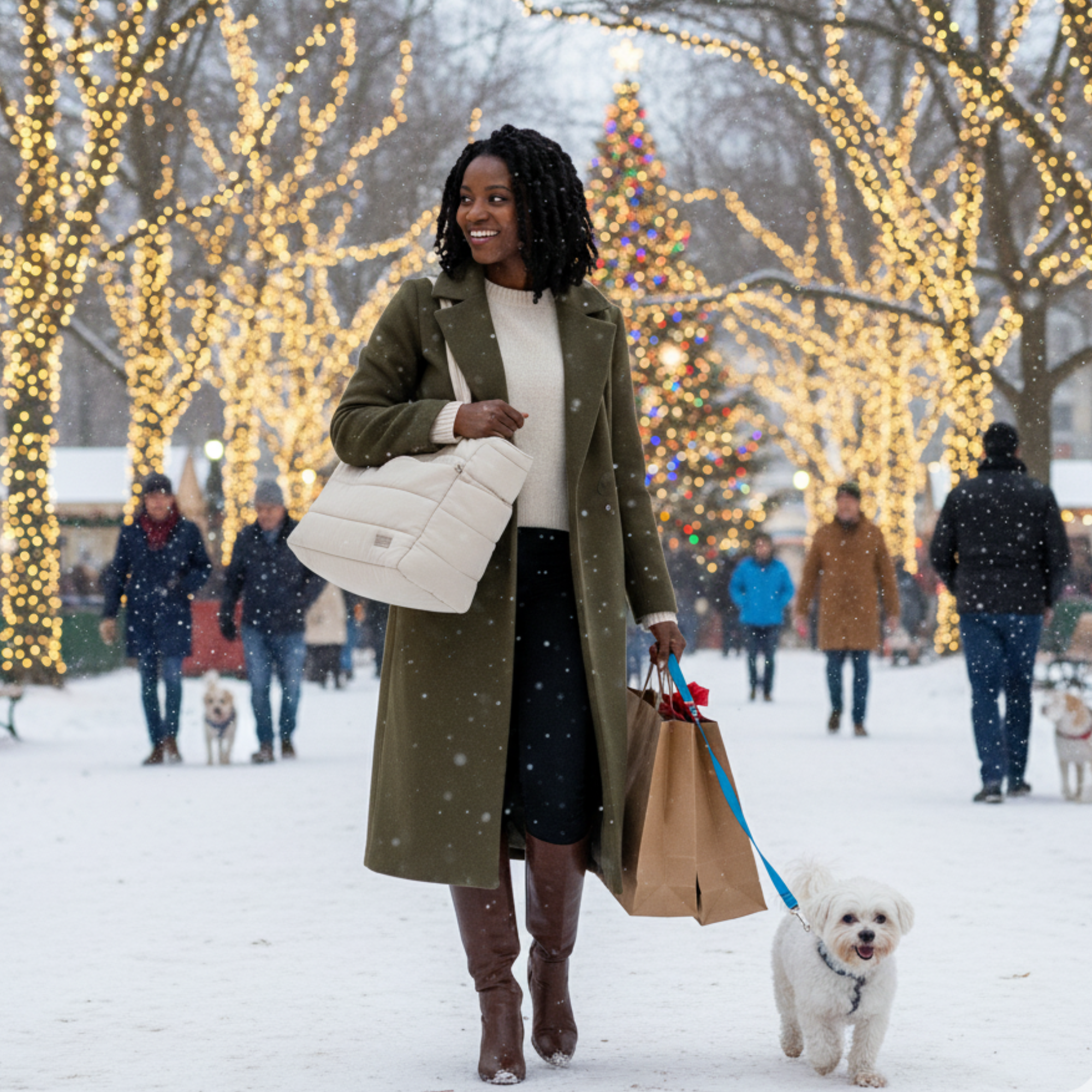 Woman walking a dog in a snowy park with Christmas lights