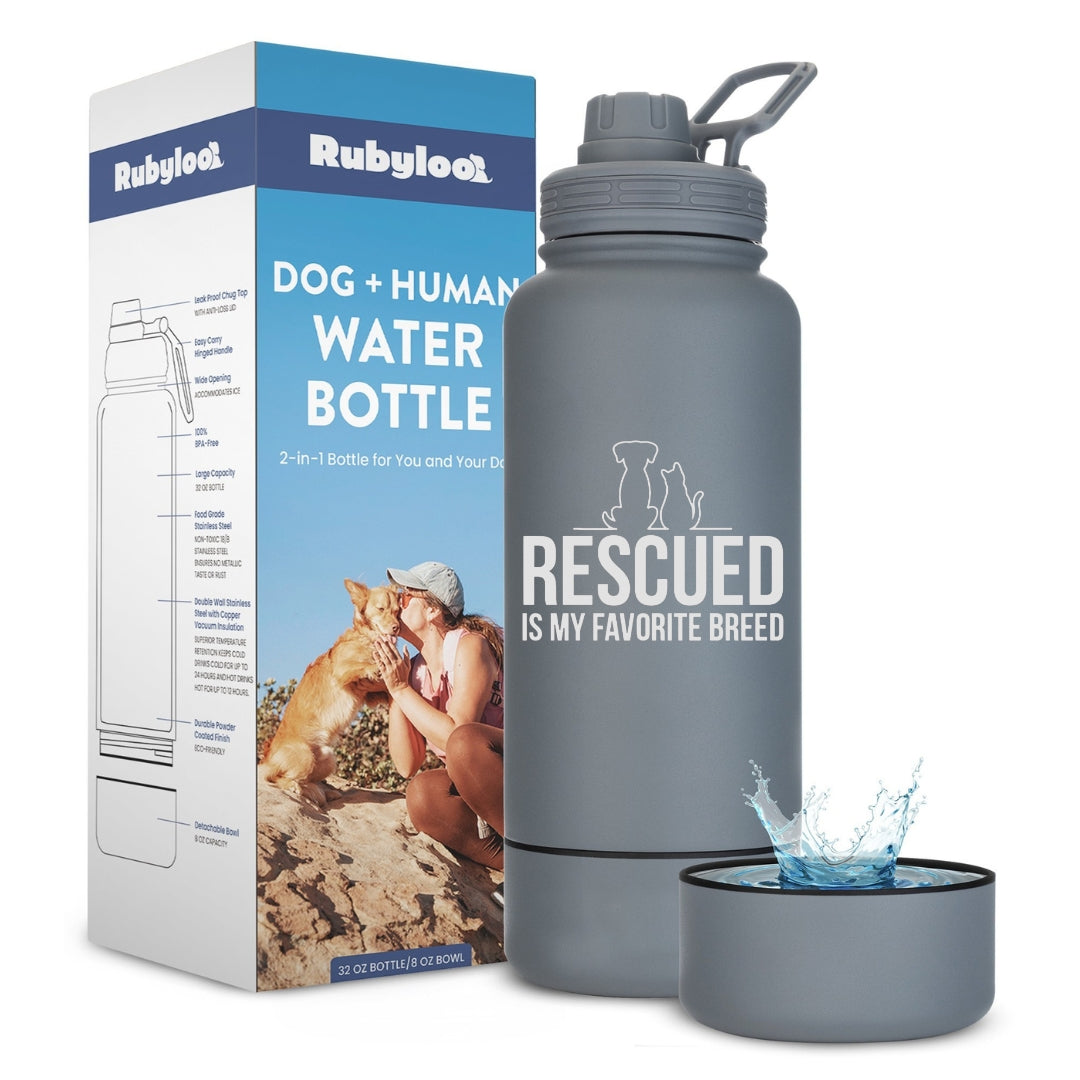 Gray water bottle with 'Rescued is my favorite breed' text and Rubyloo packaging.