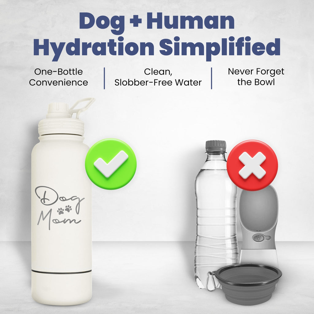 Dog and human hydration solution with a water bottle labeled 'Dog Mom' and a dispenser.