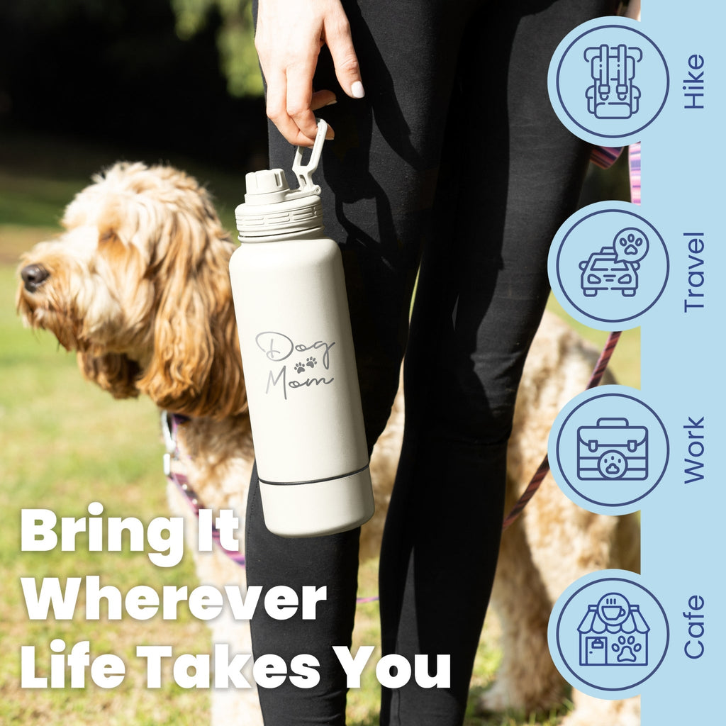 Person holding a white water bottle with a dog in the background, featuring icons and text about various activities.