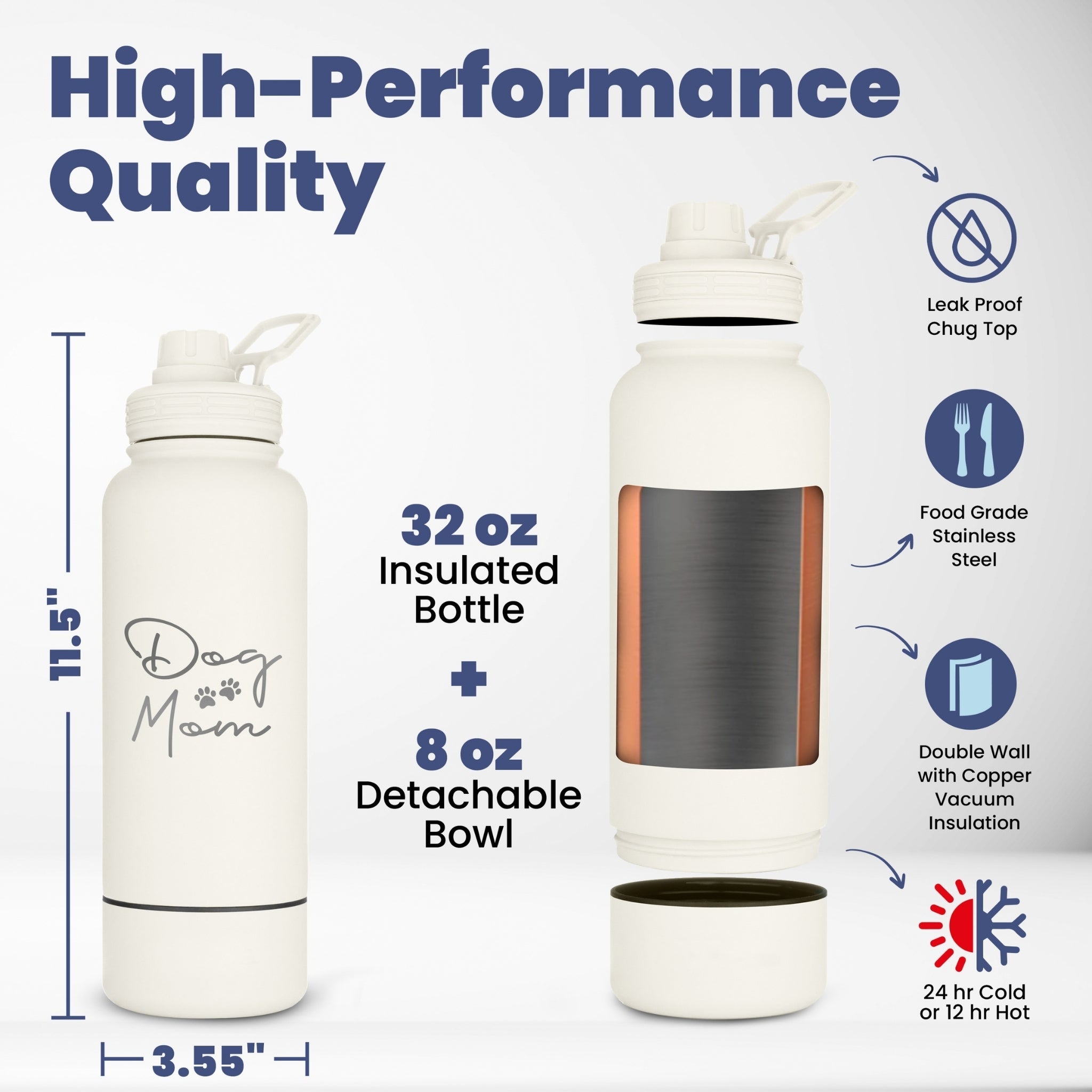 White insulated bottle with detachable bowl, featuring text on high-performance quality.